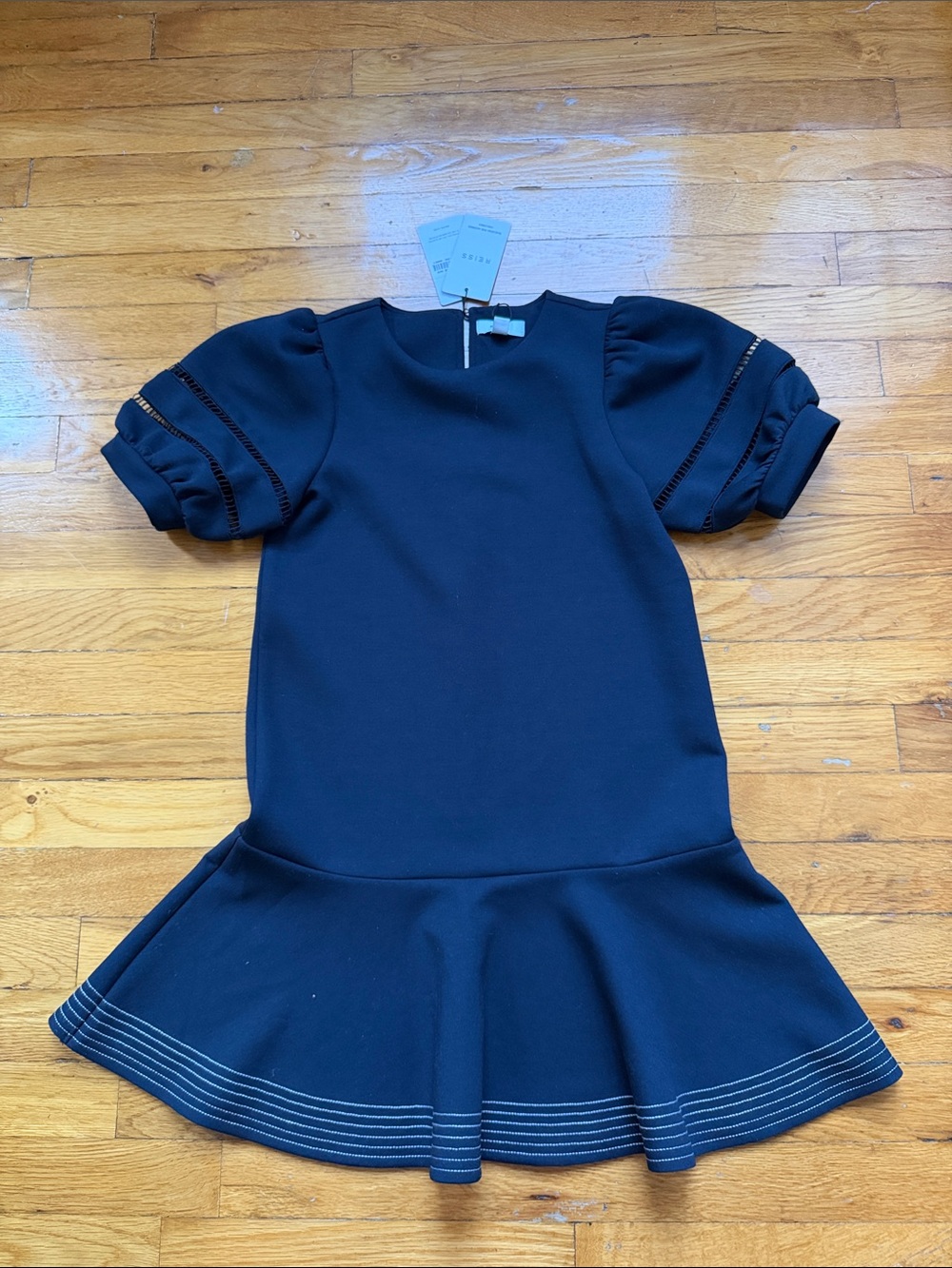 Reiss Navy Puff-Sleeve Drop-Waist Girl's Dress